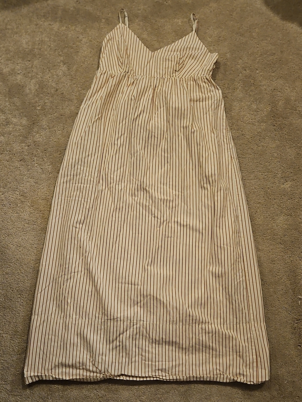 Quince Cream Maxi Dress with Rust Colored Pinstripes 100% Cotton